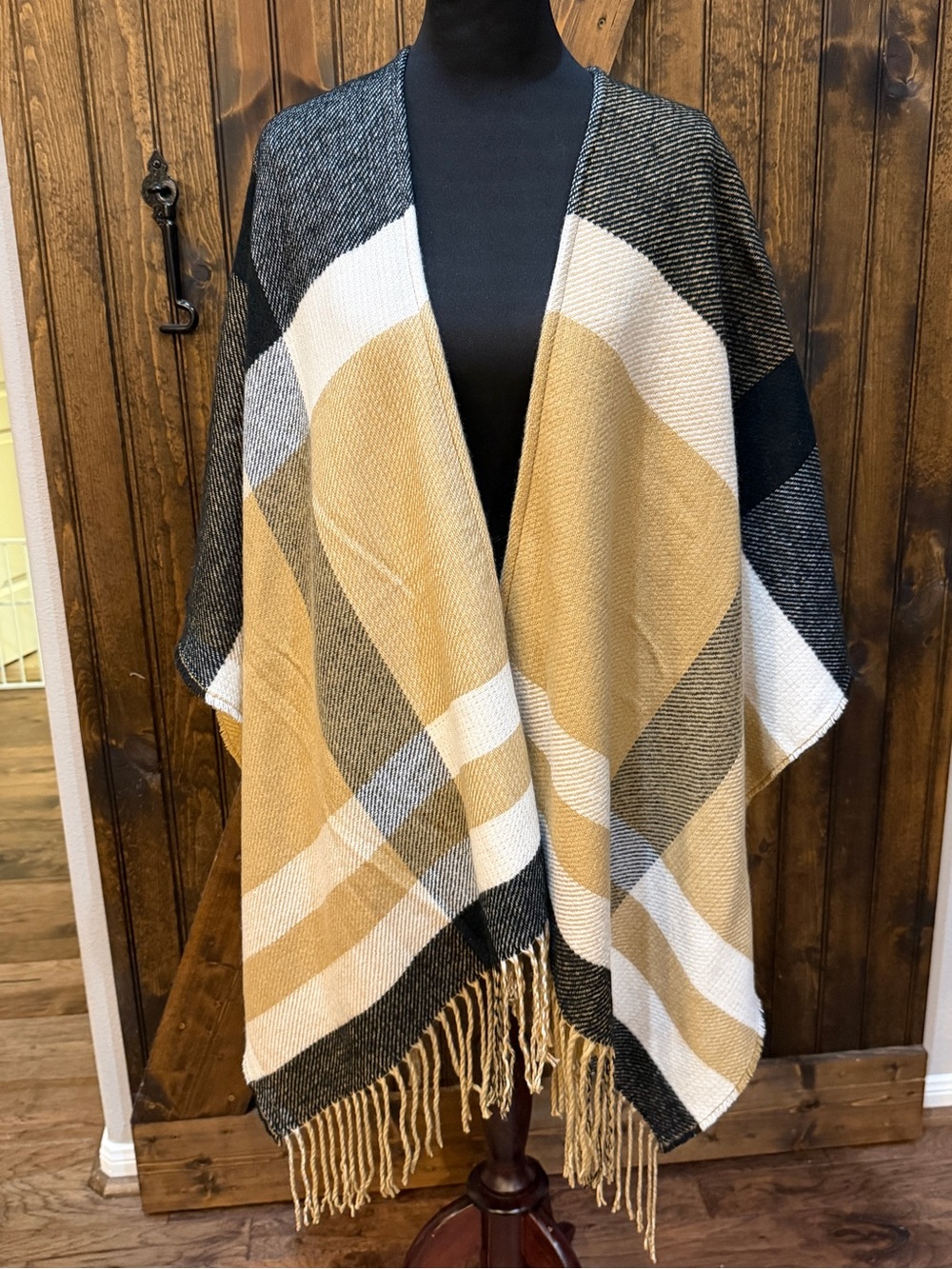Cozy Plaid Fringe wrap in Mustard, Black & white